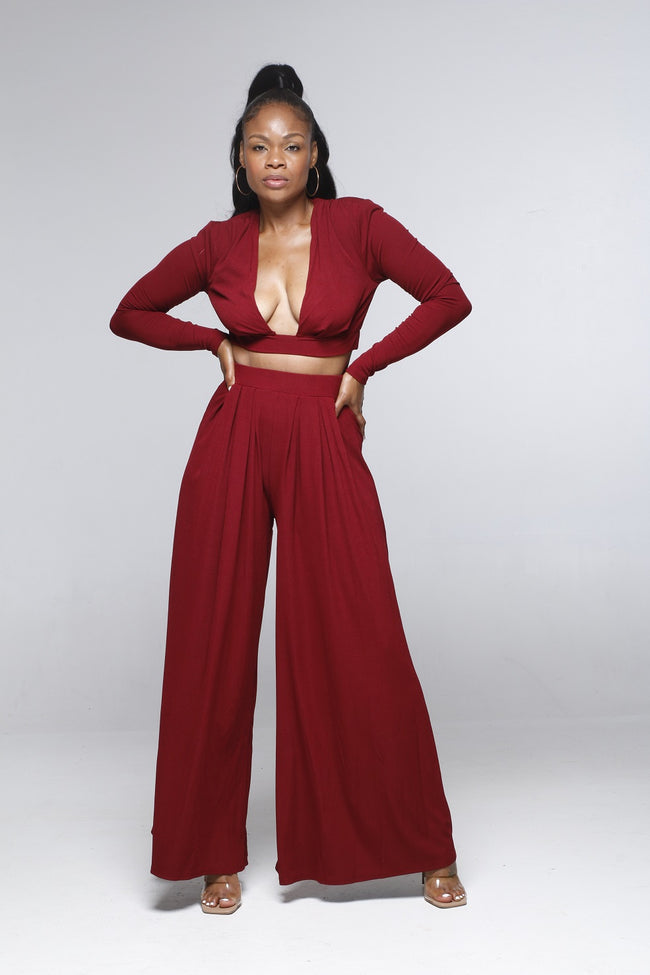 burgundy 2 piece open front crop top with wide leg pant set