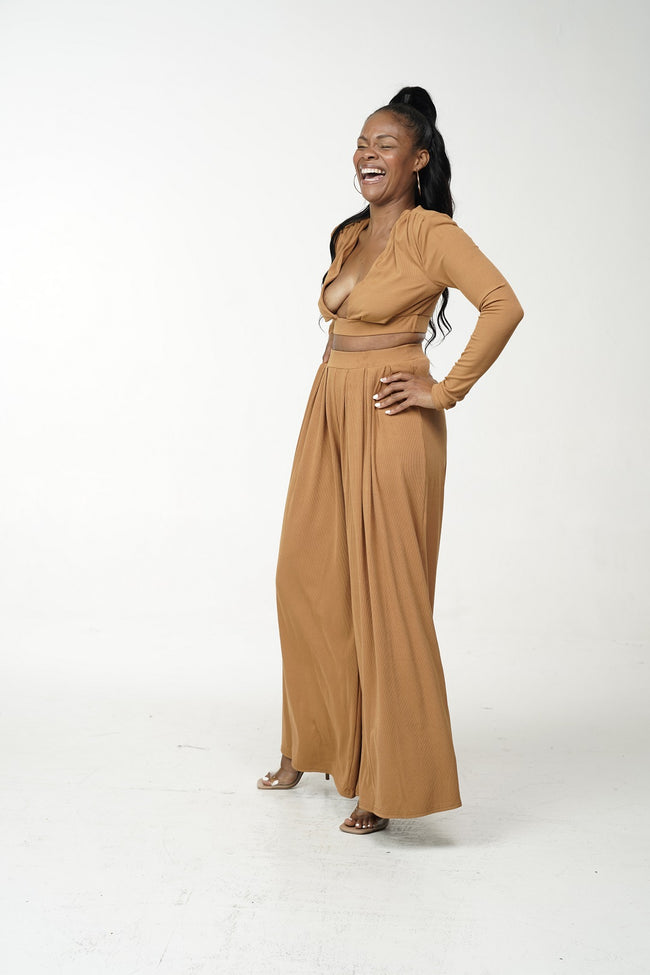 brown 2 piece open front crop top and wide leg pant set
