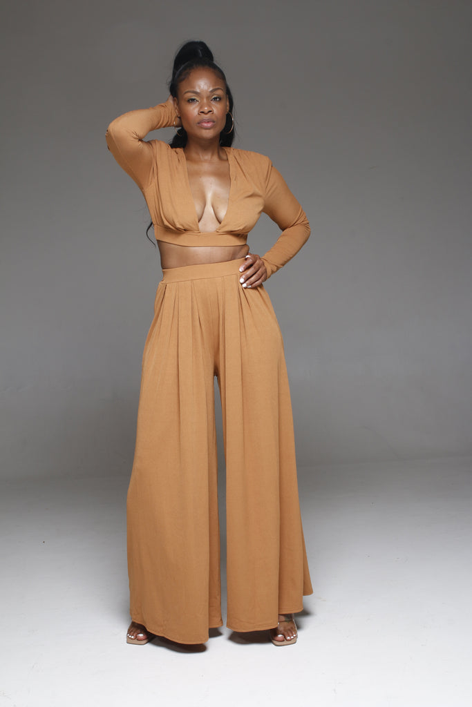 Open Front Top and Wide Pants Set| Camel